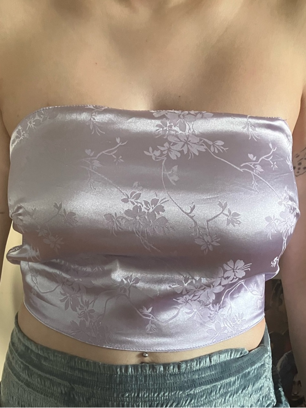 Strapless Satin Floral Crop Top in Lilac